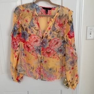 White House Black Market Sheer Yellow Blouse w multi color flowers